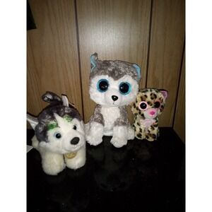 TY Beanie 9" SLUSH & Livvie Leopard 6" & Miyon Husky Dog Plush‎ Stuffed Animal